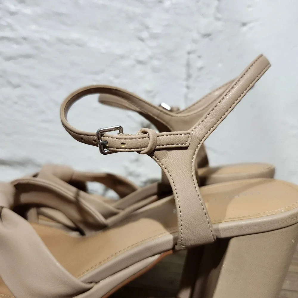 Marc Fisher Tan Knotted Platform Block Heel Sandals Womens 9.5M Nude Ankle Strap